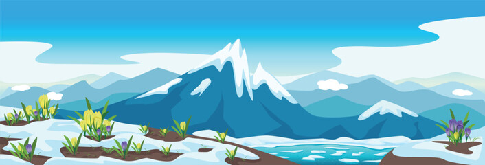 Panoramic spring landscape with river, mountains, forest, fields, melting snow and crocuses. Beautiful spring background illustration. Vector