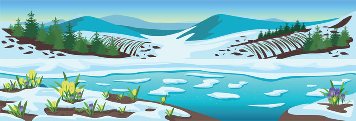 Panoramic spring landscape with river, mountains, forest, fields, melting snow and crocuses. Beautiful spring background illustration. Vector