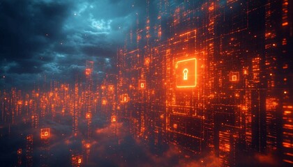 Obraz premium Files and documents floating in a virtual cloud, surrounded by glowing locks and shields indicating encryption, Data Security in a Virtual Cloud