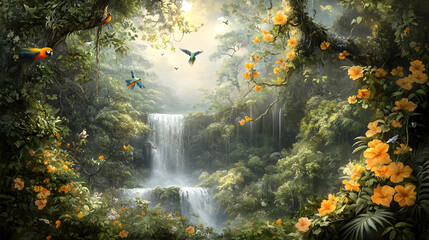 Serene rainforest waterfall scene with vibrant parrots and blooming yellow flowers.  Ideal for nature-themed projects, home decor, or calming visuals.