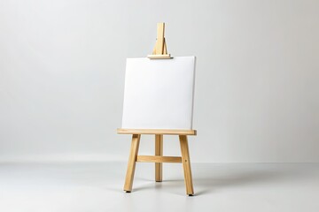 Simple wood easel, pristine white canvas, isolated, minimal art setup.