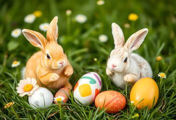 A rabbit with a white face and a bunny in the grass with easter eggs in the background