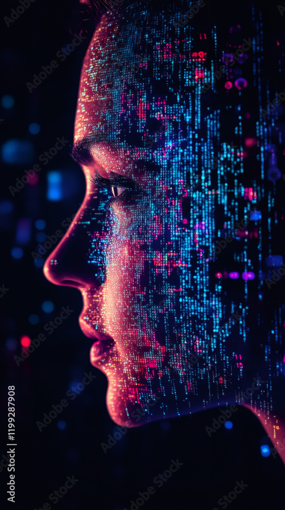 Aufkleber Female professional posing with glowing binary pattern, representing technological innovation and data connectivity