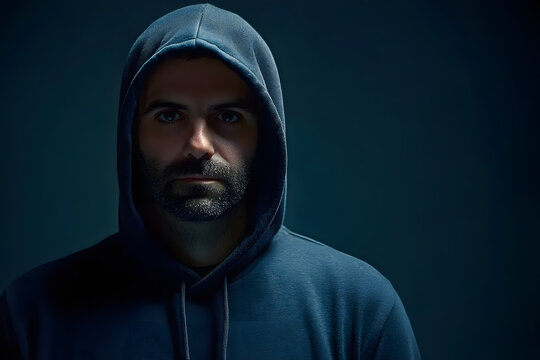 Hacker man is wearing a hoodie and is standing in front of a dark blue background with copy space. Concept of mystery and anonymity, as the man's face is hidden behind the hood