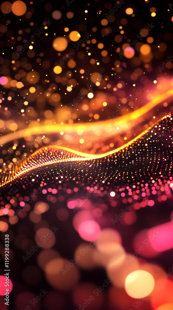 Aufkleber Glowing particles forming wavy lines with bokeh effect creating an abstract background with warm colors