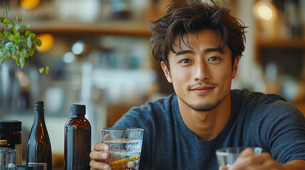 a man sitting at a table with a glass of water