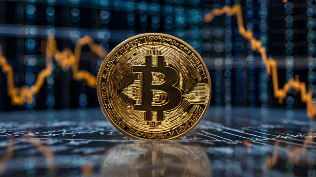 Bitcoin coin floating in a virtual space with a background of financial graphs and data streams

