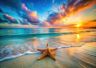 Fototapeta na wymiar Starfish gleam, summer's ocean hushed. Long exposure captures beach serenity.