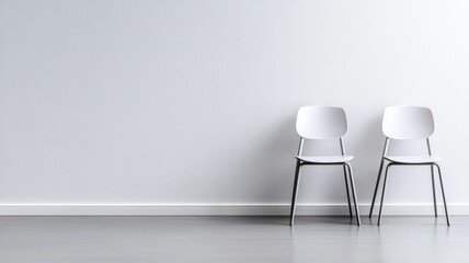 Two minimalist white chairs against clean, blank wall