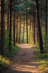 Obraz premium An inviting forest path on a sunny day, with dappled sunlight filtering through the tall trees and illuminating the trail ahead.