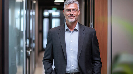 Stylish executive in dark grey suit walking confidently in office corridor, exuding professionalism and charisma