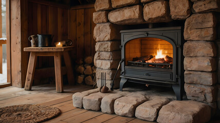 fireplace in the house. fireplace with burning candles camp house, days to enjoy, ai generated