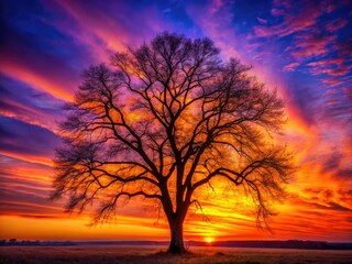 Sunset's fiery hues ignite the night sky, contrasting sharply with a dark ash tree's silhouetted branches.