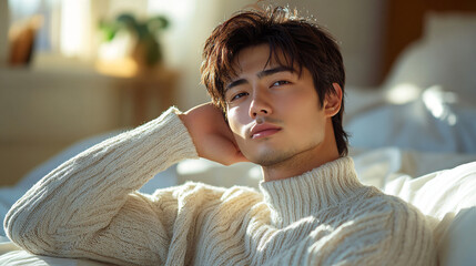 a man in a white sweater laying on a bed