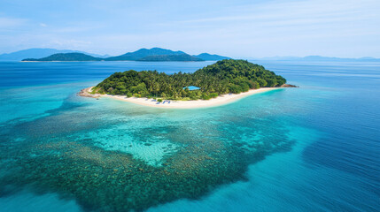 Naklejka premium Tropical island paradise featuring crystal-clear waters and lush greenery surrounded by mountains