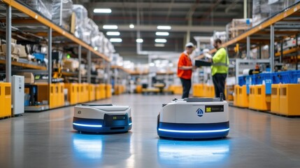 A factory floor bustling with activity capturing workers collaborating with robots as they undergo a streamlined material handling process showcasing the fusion of human and machine