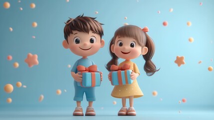 A happy boy and girl in 3D animated style holding gifts