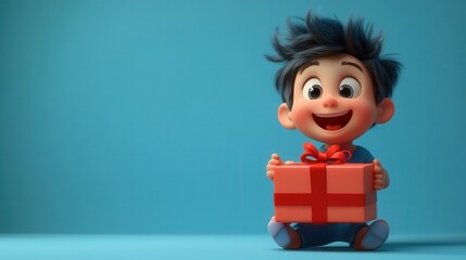 A joyful 3D animated boy smiling widely while holding a red ribboned gift