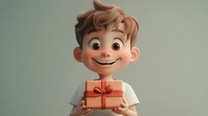 A joyful 3D animated boy smiling widely while holding a red ribboned gift