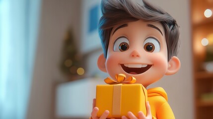 A joyful 3D animated boy smiling widely while holding a red ribboned gift