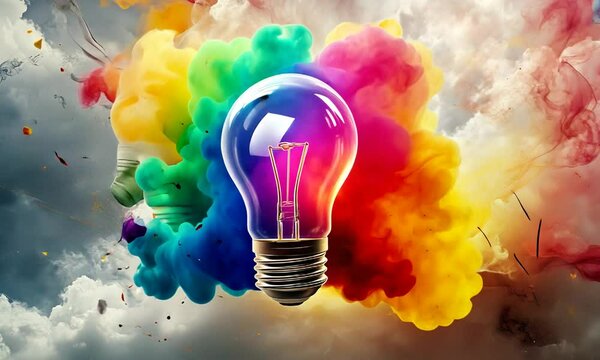 A vibrant light bulb surrounded by colorful smoke and splashes, symbolizing creativity and ideas.