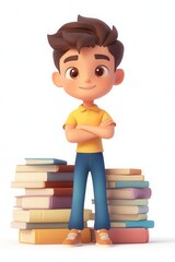 3D cartoon-style boy with stacks of books on a white background