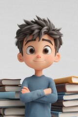 3D cartoon-style boy with stacks of books on a white background