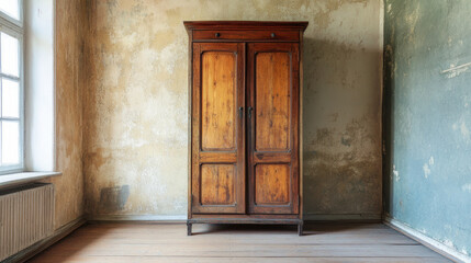 Old wooden wardrobe stands prominent in an empty room of a historic house with peeling walls and wooden floorboards