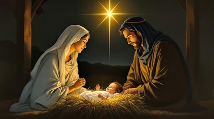 Nativity scene with Mary, Joseph, baby Jesus, shepherds, Magi, and angels. Traditional Christmas illustration