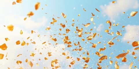 Golden Celebration: A cascade of shimmering golden confetti explodes against a backdrop of a bright blue sky, capturing the joy and exuberance of a special occasion.