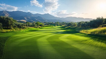 Stunning golfing paradise scene, inviting the perfect swing with a picturesque green course and scenic backdrop.