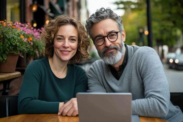 Fototapeta premium Casual Business Meeting with a Couple Smiling at a Laptop in a Cozy Outdoor Café Setting