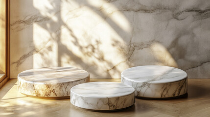 Elegant round marble tables arranged in a sunlit modern interior space