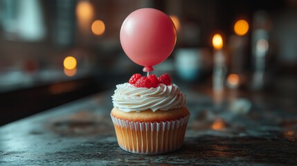Festive cupcake topped with raspberry and pink balloon in cozy kitchen setting