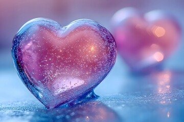 Fototapeta premium Close-up of shiny translucent 3d hearts on background of second blur heart, they both lying on ice. Valentine's Day