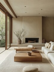 Minimalist Living Room With Fireplace And Natural Elements