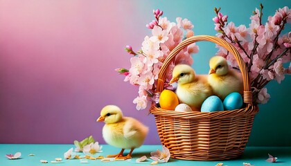 Wielkanocne tło z kurczaczkami siedzącymi w koszyku, który jest wypełniony pisankami i kwiatami