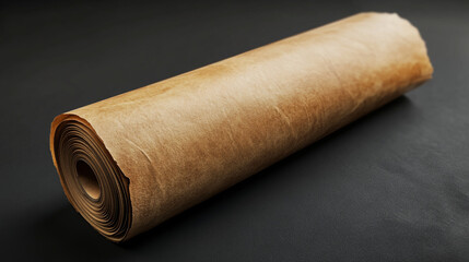 Rolled brown paper on a dark surface for craft and packaging purposes