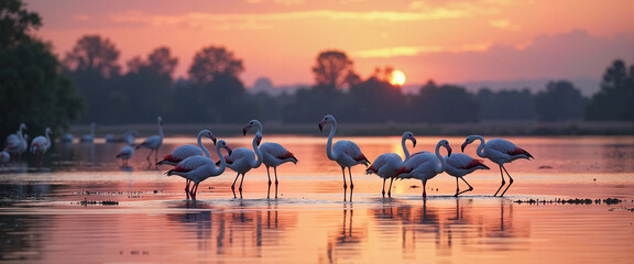 Elegant flamingos wading in serene lake at twilight, wildlife beauty