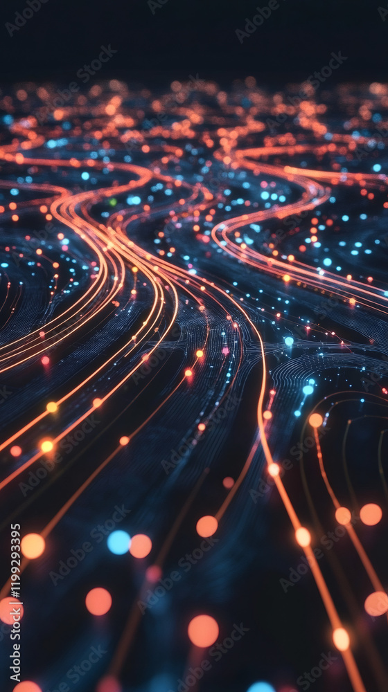 Aufkleber glowing lines and dots flowing on a dark background, representing data transmission, technology, and