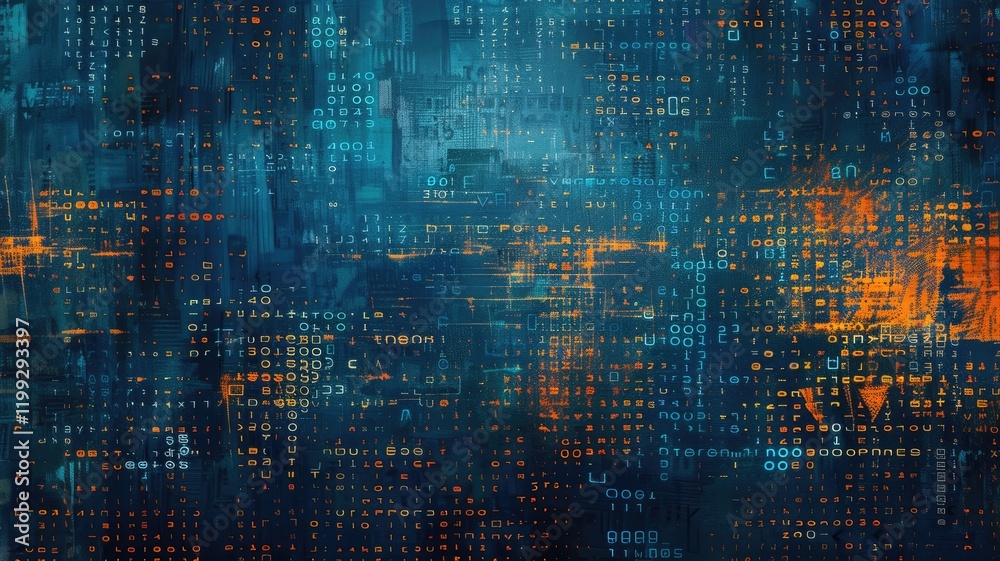Poster this abstract background features a dark blue design filled with glowing data and code patterns. ide