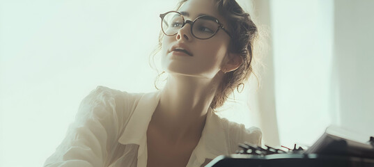 A writer sitting with a typewriter, plain light background, thoughtful expression
