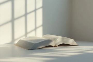An open book lying on a table, with soft light gently illuminating its pages. Shadows from a window grille create a beautiful pattern on the wall. The clean and simple background evokes a peaceful and