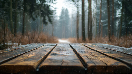 Wood table in a misty forest during a light snowfall on a winter morning