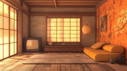 Fototapeta premium Serene Japanese-Style Living Room Interior Design
