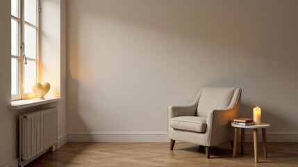 Fototapeta premium Serene interior scene featuring a cozy armchair, illuminated heart-shaped lamp, and a side table with a lit candle and books, all against a neutral backdrop.