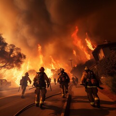 A team of firefighters, with smoke billowing into the sky, Generative Ai