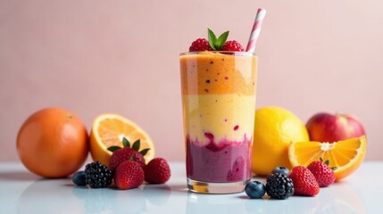 Layered Fruit Smoothie in Glass with Fresh Berries and Citrus Fruits