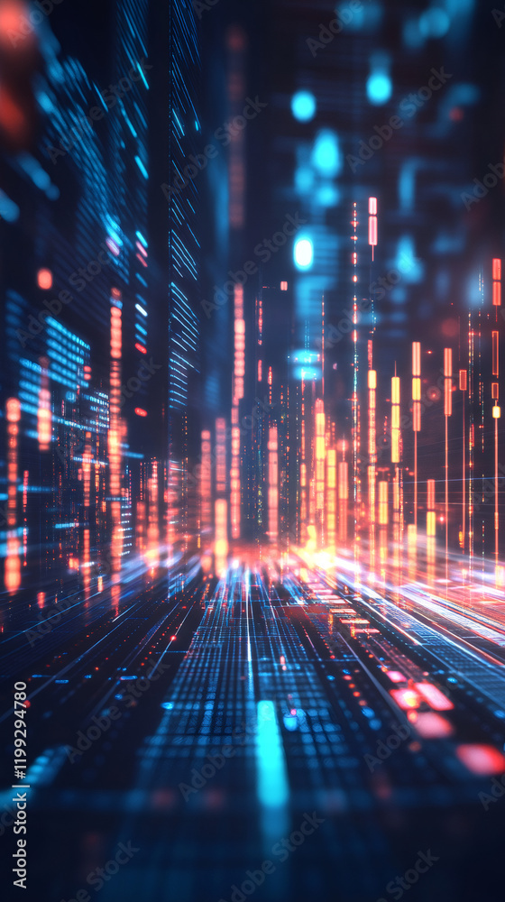 Aufkleber Digital metropolis glowing with binary streams, visualizing data flow across interconnected technological landscape