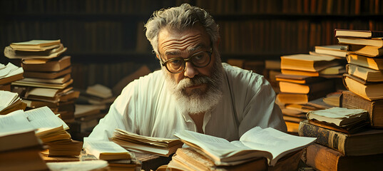 A writer surrounded by books and papers, plain light background, intense focus